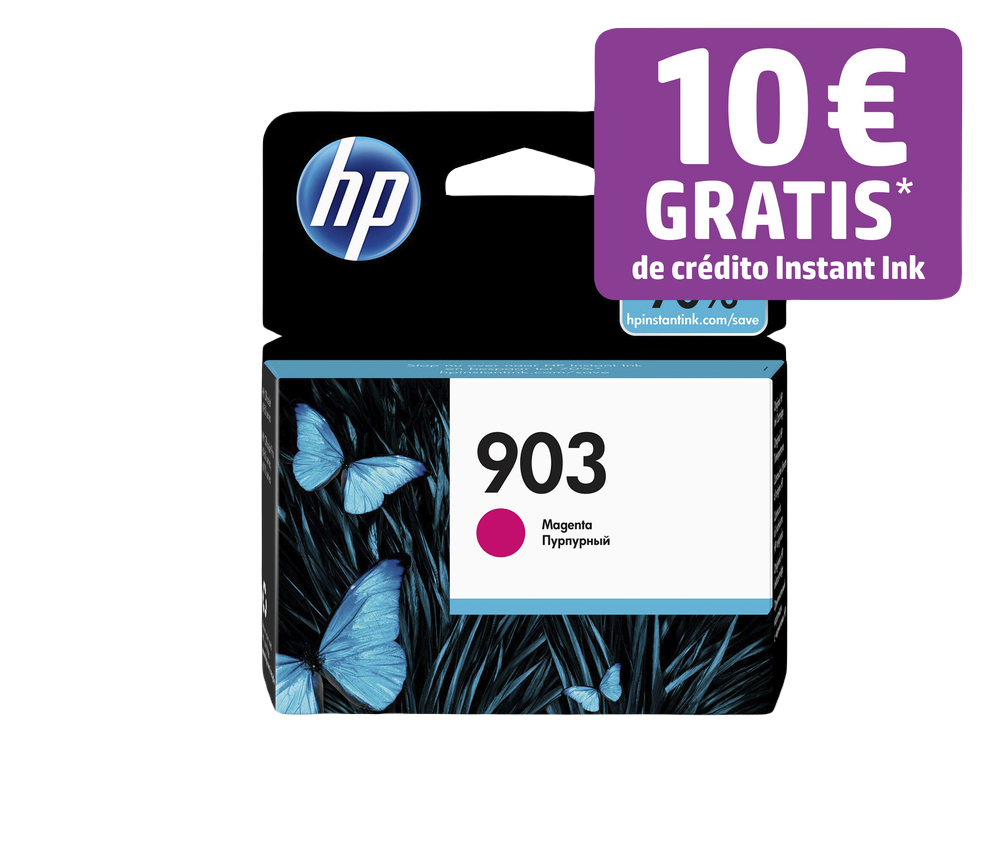 Caja de cartucho de tinta HP con mariposas y texto: 903, Magenta, y una oferta.
