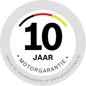 Een ronde, zwart-witte afbeelding met tekst: 10 JAAR MOTORGARANTIE. Nederlandse tekst.