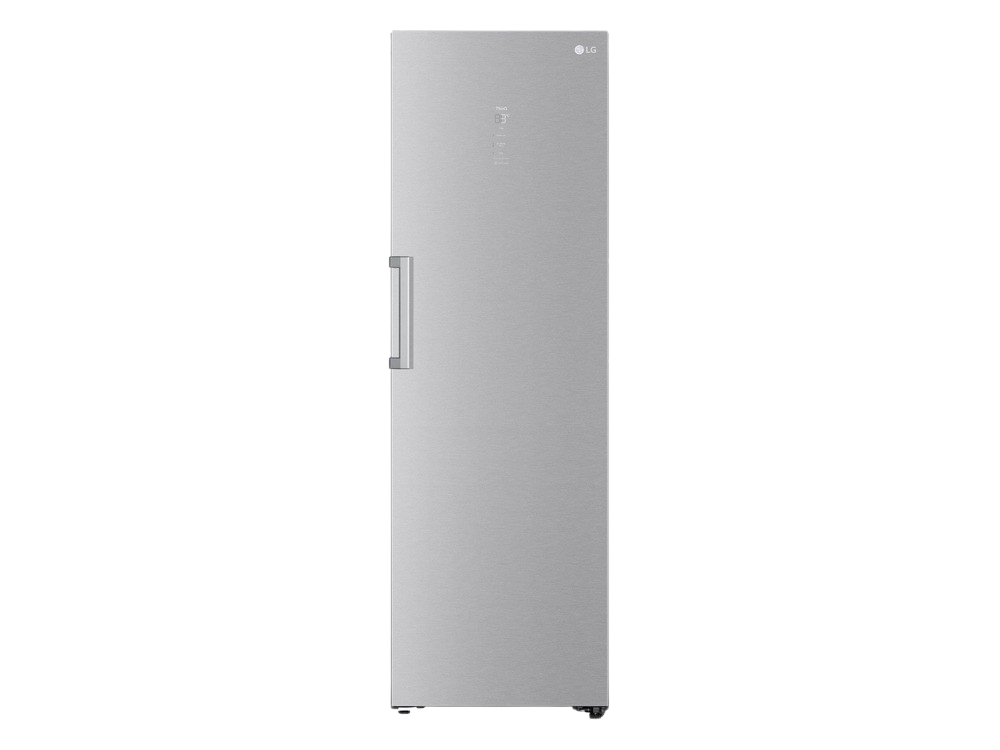 Refrigerador LG plateado con una sola puerta y un asa vertical sobre fondo negro.