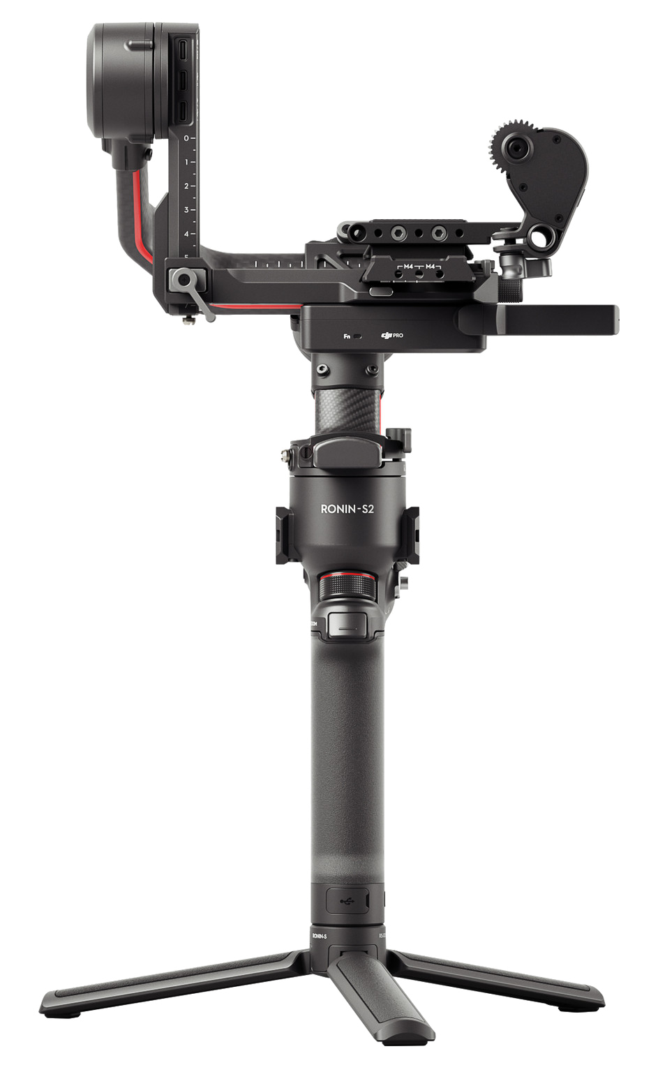 Zwarte en rode Ronin-S2 camerastabilisator op een statief, op zwarte achtergrond.