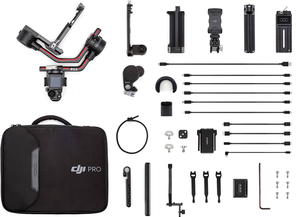 Een professionele videocamerastabilisatieset met diverse accessoires in een draagtas.