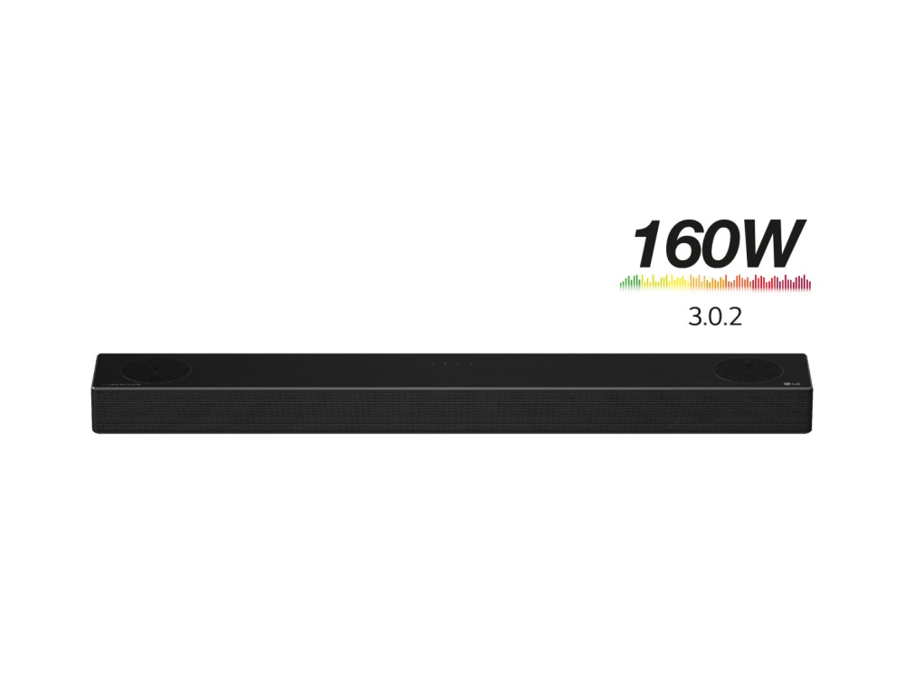 Barra de sonido LG negra con 160W de potencia y configuración 3.0.2, sobre fondo blanco.
