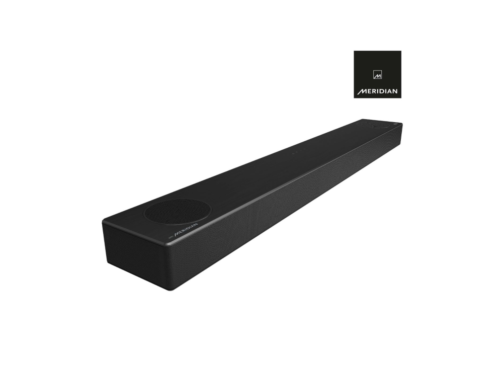Barra de sonido LG negra sobre un fondo blanco, con el logotipo de Meridian visible.