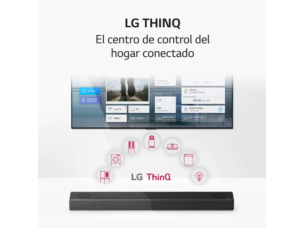 Pantalla de control del hogar LG ThinQ con barra de sonido e iconos, texto en español.
