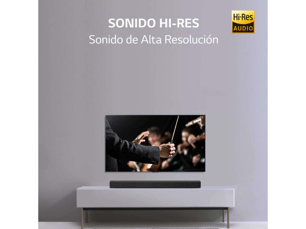Un sistema de audio Hi-Res con un televisor y una barra de sonido.