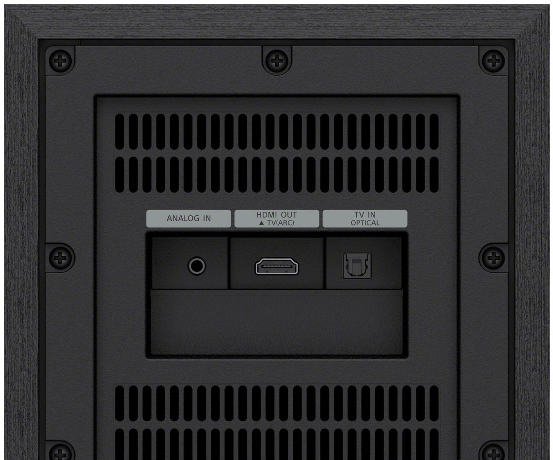 Panneau arrière d'un appareil noir. Il comporte des orifices d'aération et des ports étiquetés : Entrée analogique, Sortie HDMI et Entrée TV optique.
