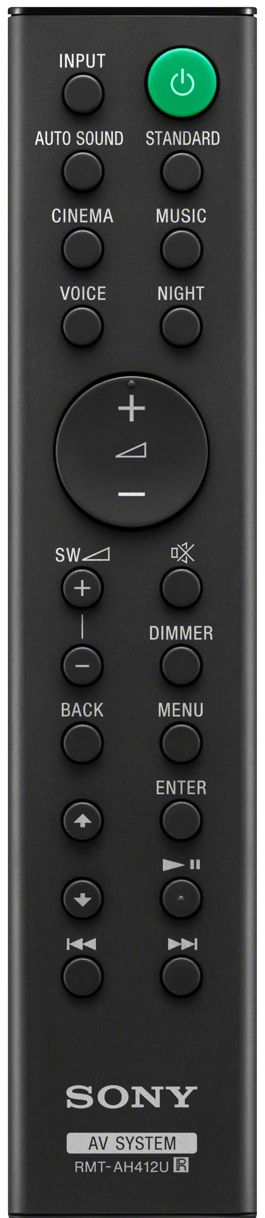 Télécommande Sony noire avec de nombreux boutons. Les boutons sont étiquetés. Fond noir.
