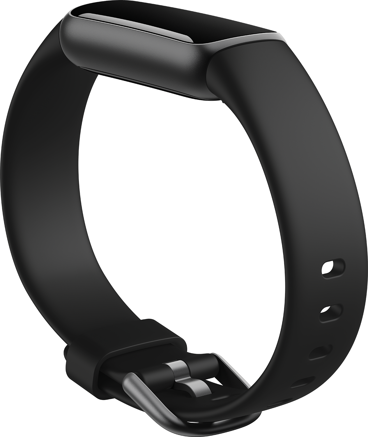 Zwarte fitness tracker band met een zilveren gesp. De band is gebogen, toont zijn vorm en textuur.