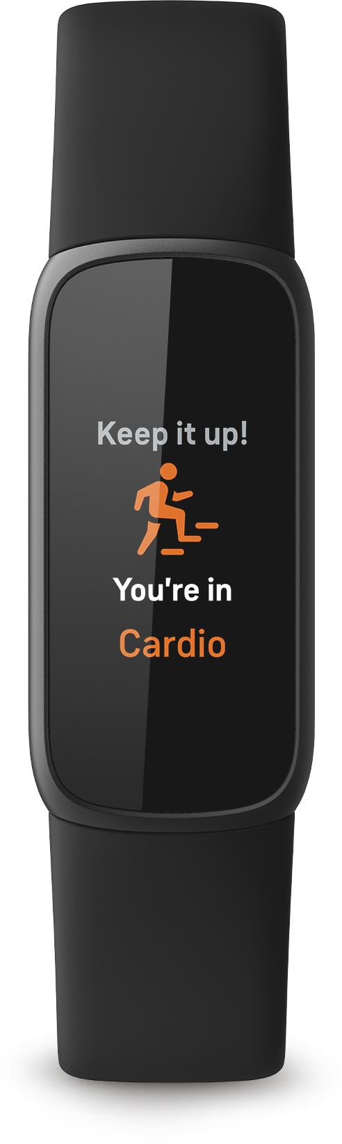 Zwarte fitnesstracker met een scherm dat "Keep it up!" en "You're in Cardio" in oranje toont.