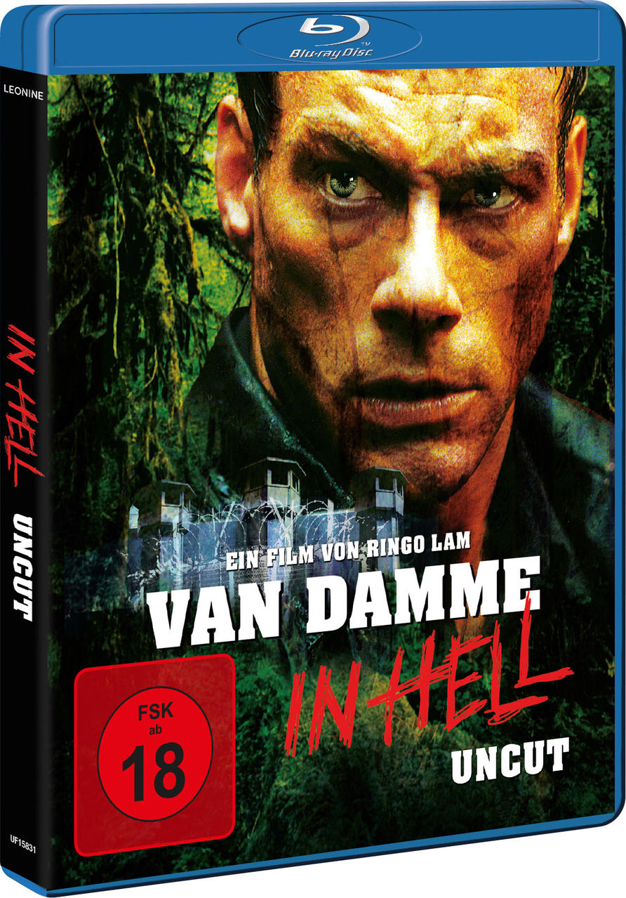 DVD-Cover von "In Hell" mit Van Damme. Gefängnisgitter und Dschungel-Hintergrund.