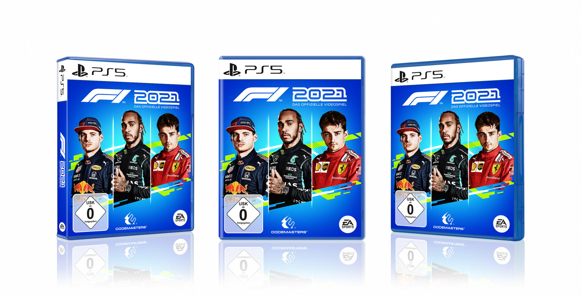 Drei PS5-Spielehüllen von F1 2021. Die Cover zeigen Rennfahrer.