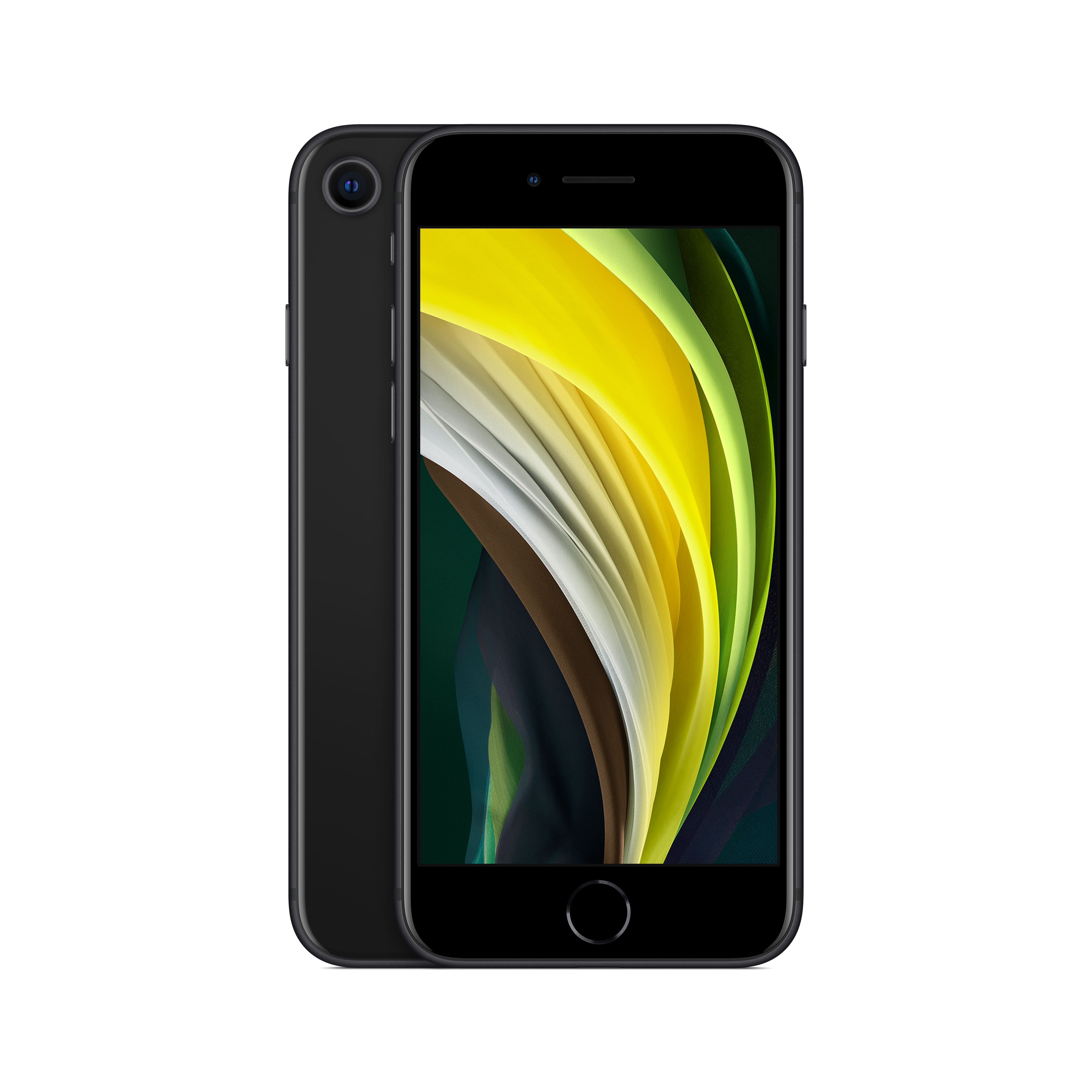 iPhone SE negro, mostrando un fondo de pantalla colorido, sobre fondo negro, con cámara.