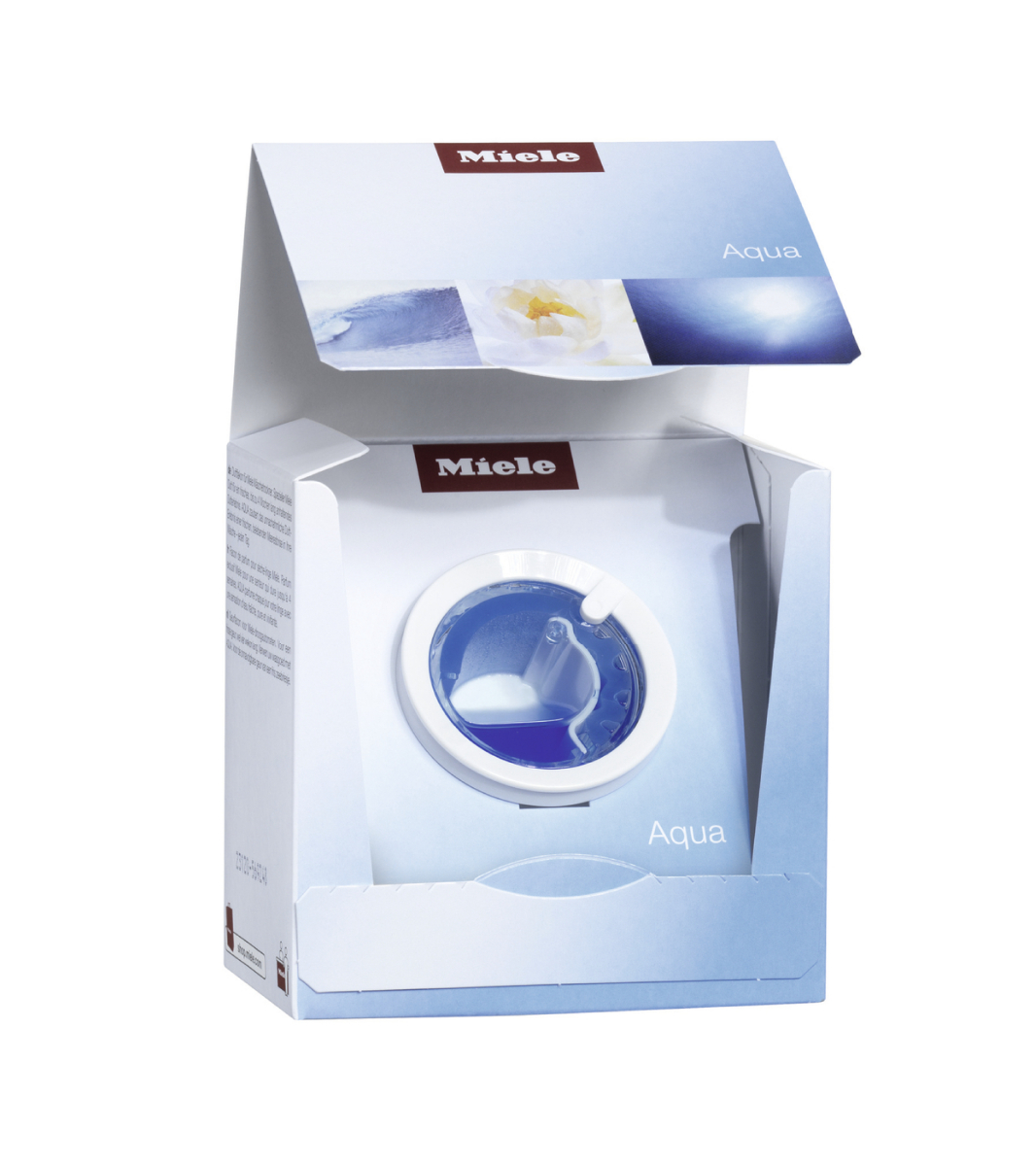 A washing machine product box with water-themed images on a white background.
