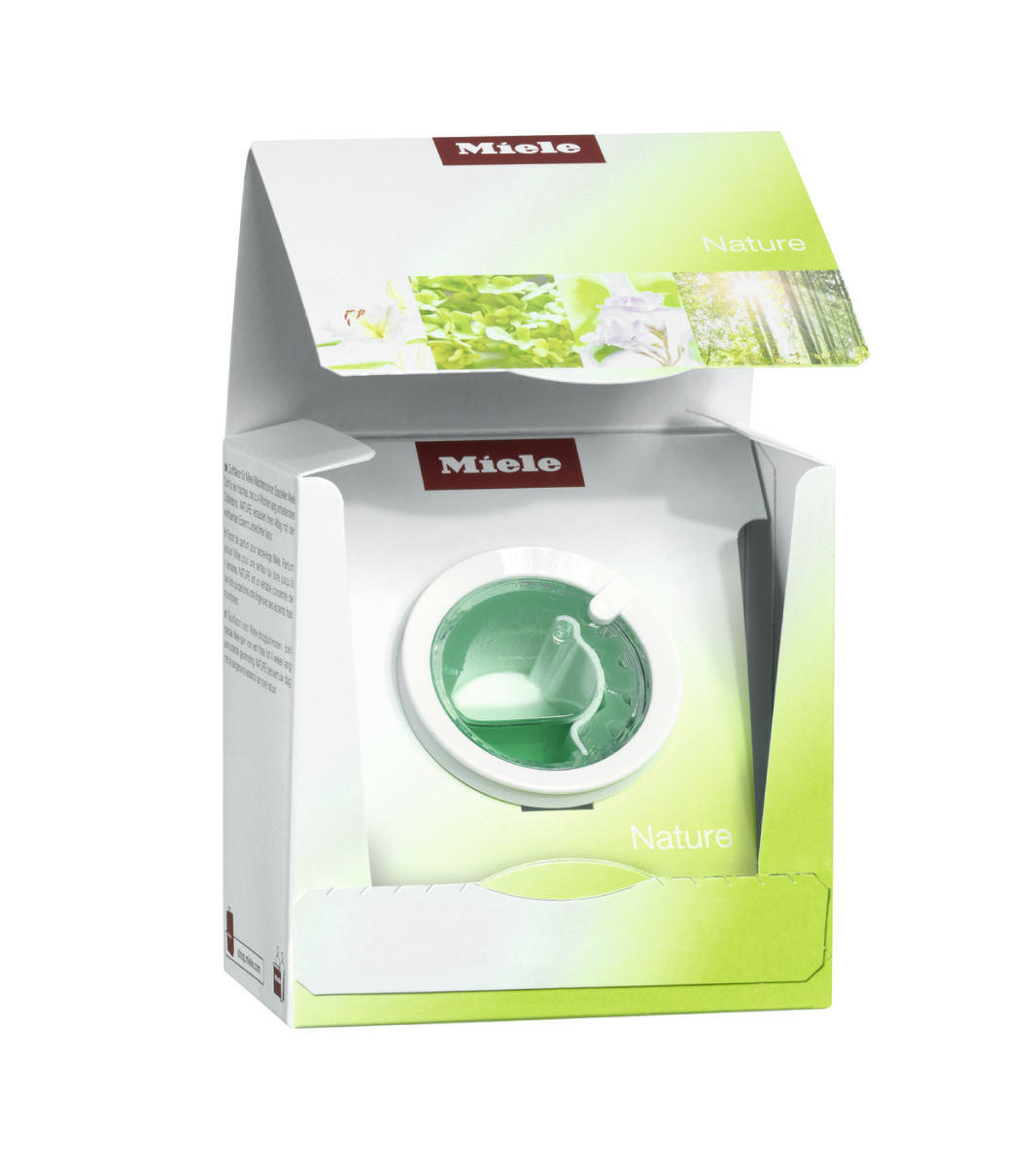 Miele laundry fragrance box with a green liquid inside a washing machine model.