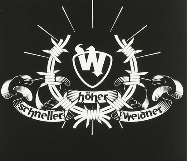 Schwarz-weißes Logo mit Stacheldraht, einem Schild mit 'W' und deutschem Text.