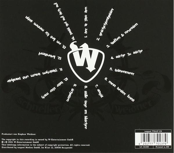 Rückseite einer CD, mit weißem Text auf schwarzem Hintergrund.
