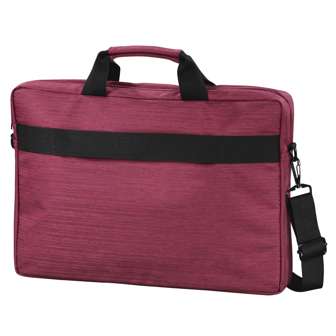Rote Laptoptasche mit schwarzem Gurt und Griff, auf weißem Hintergrund.