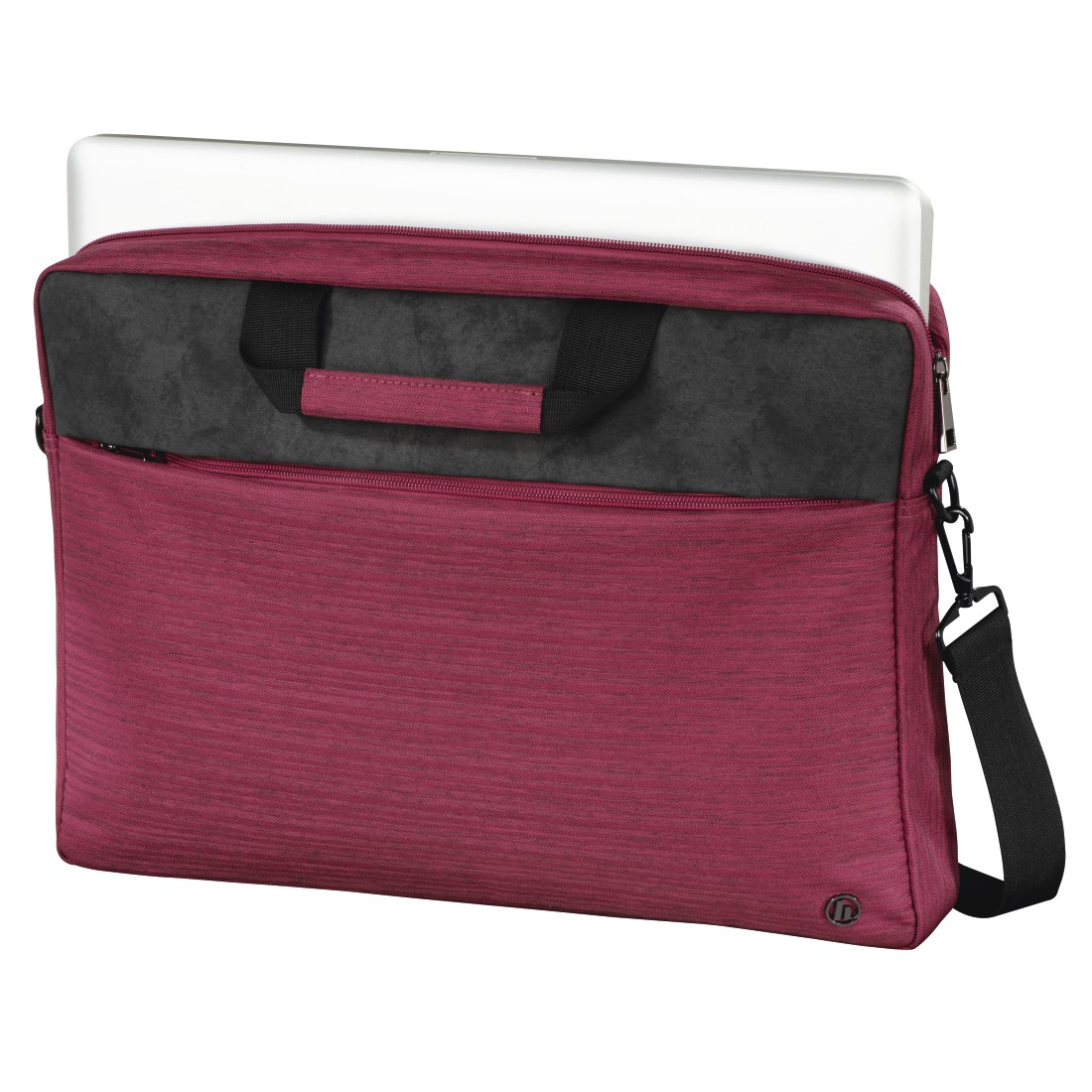 Rote Laptoptasche mit schwarzem Griff und Riemen, Laptop innen sichtbar.