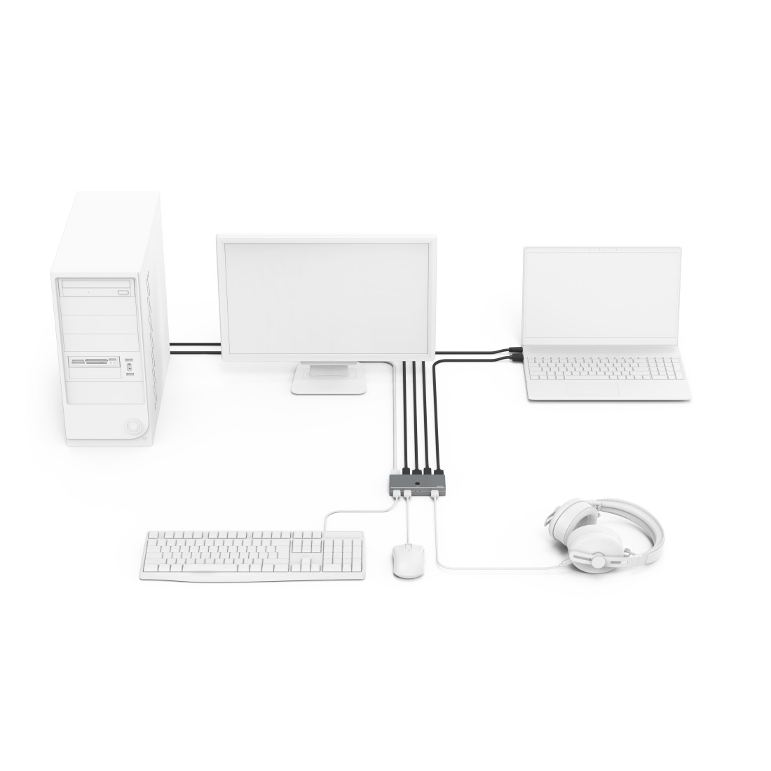 Computer-Setup mit Monitor, Laptop und Peripheriegeräten, die an einem zentralen Hub angeschlossen sind.