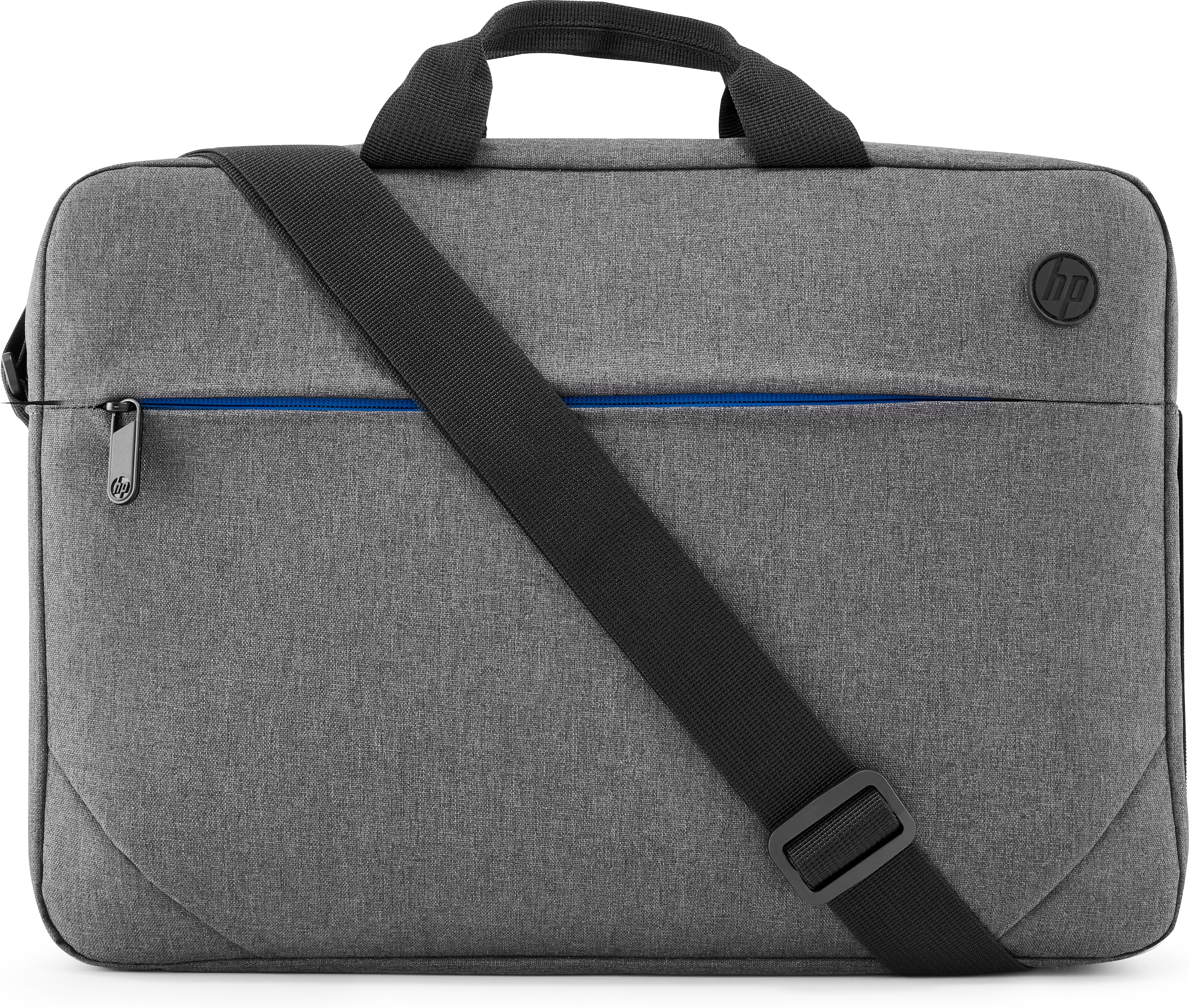 Graue HP Laptoptasche mit schwarzem Gurt und blauer Linie.