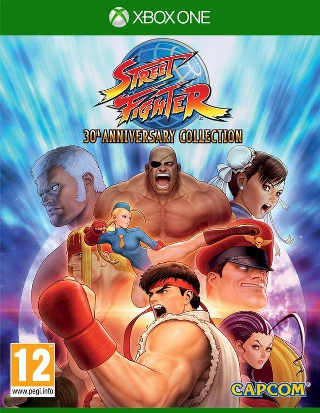 Street Fighter játék borítója. A szereplők akció közben láthatók a borítón egy földgömbbel.