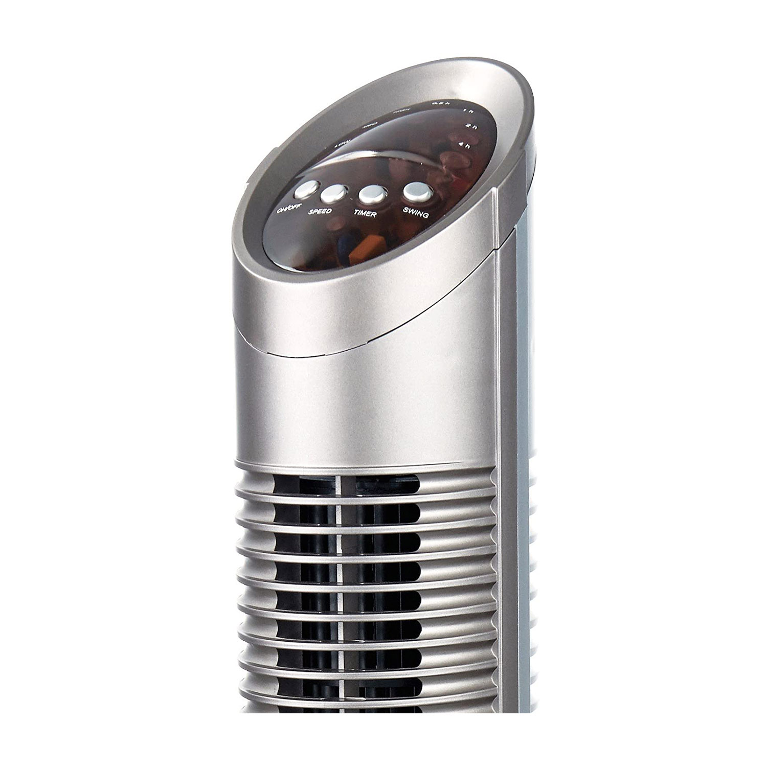 Ventilatore argento con pannello di controllo, feritoie orizzontali e interno nero.
