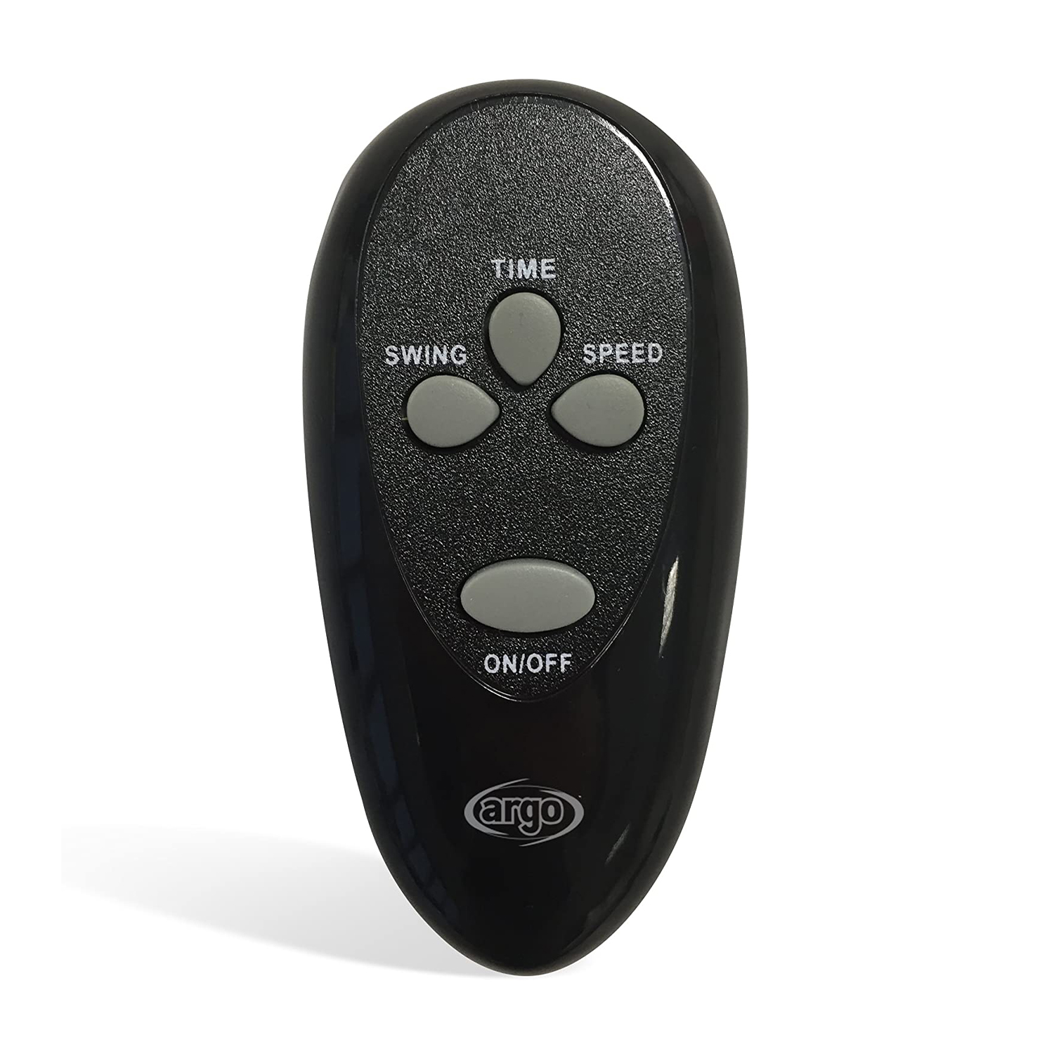 Telecomando nero con pulsanti Time, Swing, Speed e On/Off.
