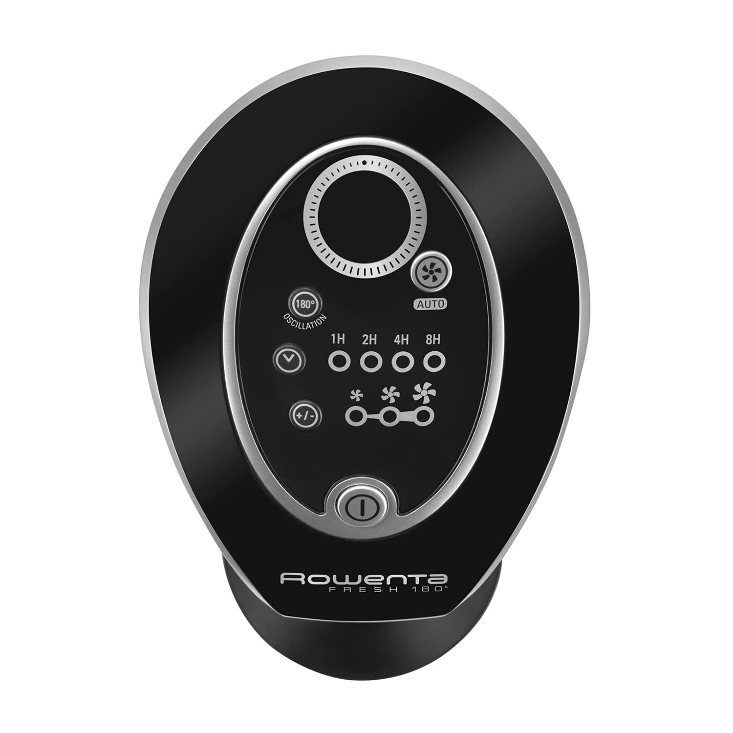 Ventilatore oscillante nero e argento con pannello di controllo e pulsanti.