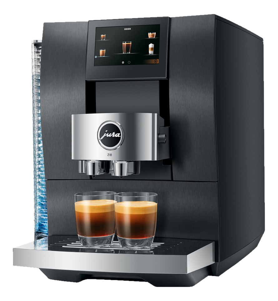 Una macchina per l'espresso nera con uno schermo e due bicchieri di espresso.