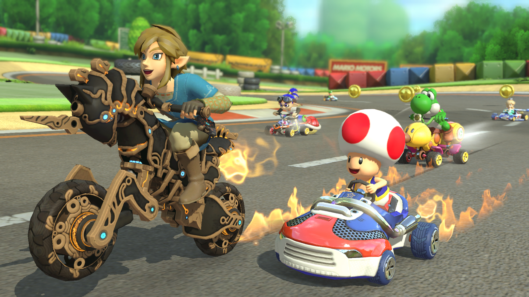 Charaktere fahren Karts auf einer Rennstrecke aus einem Videospiel.