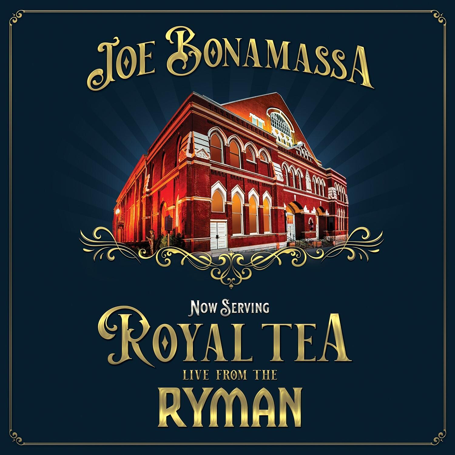 Joe Bonamassa 'Royal Tea' albumának borítója a Ryman Auditoriumból. Egy piros épület látható.