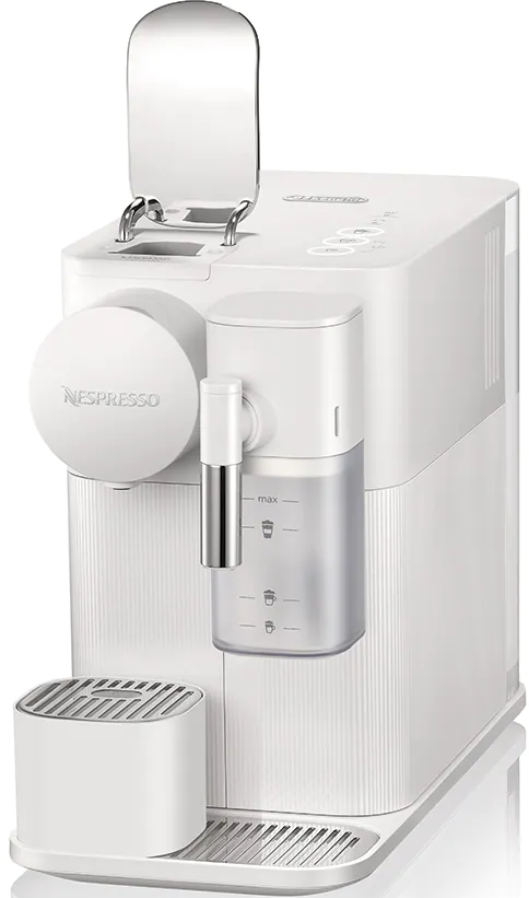 Machine à café Nespresso blanche avec divers composants et réservoir d'eau.
