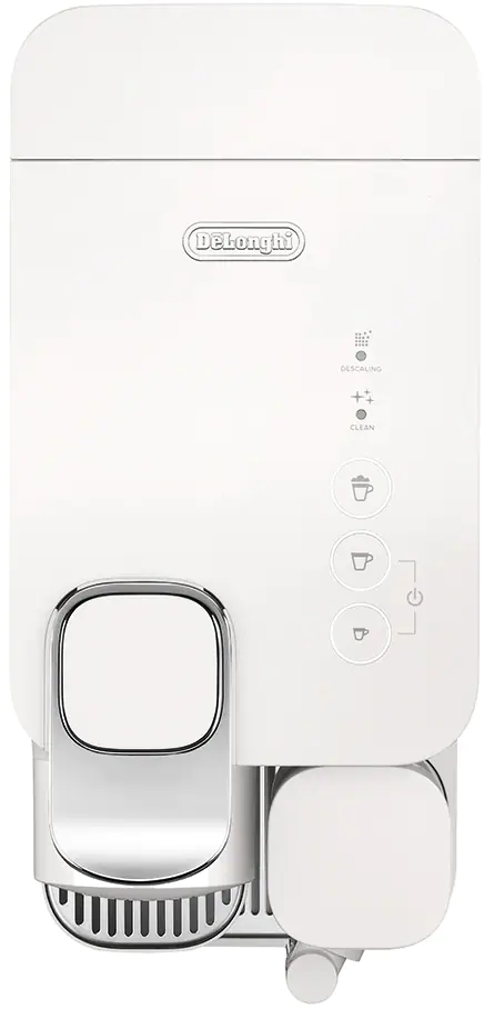 Une machine à café De'Longhi blanche. Elle possède des boutons pour les options de café et une façade argentée.