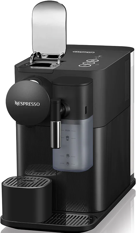 Schwarze Nespresso-Kaffeemaschine mit Wassertank und Kapselbehälter.