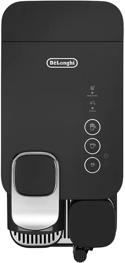 Schwarze De'Longhi Kaffeemaschine mit Knöpfen und Abtropfschale.