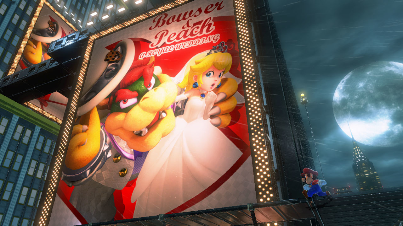 Mario che scala un edificio, grande poster del matrimonio di Bowser e Peach.