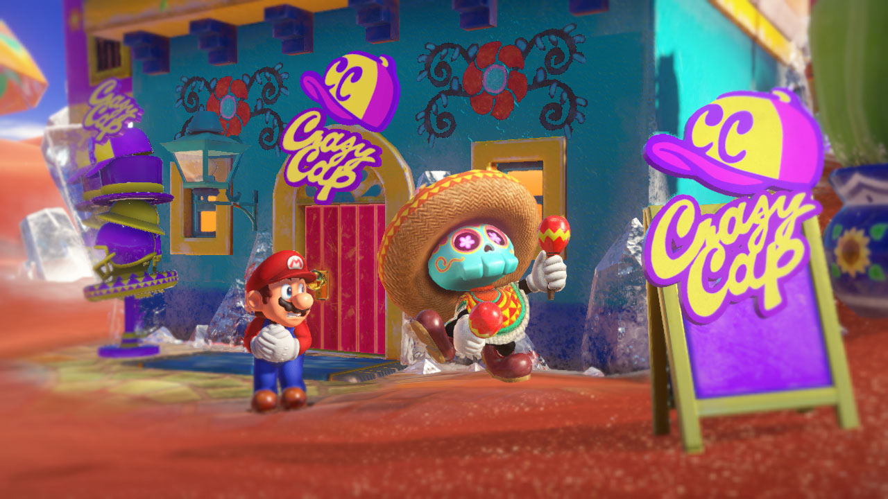 Mario e un personaggio scheletrico fuori da un negozio chiamato Crazy Cap.