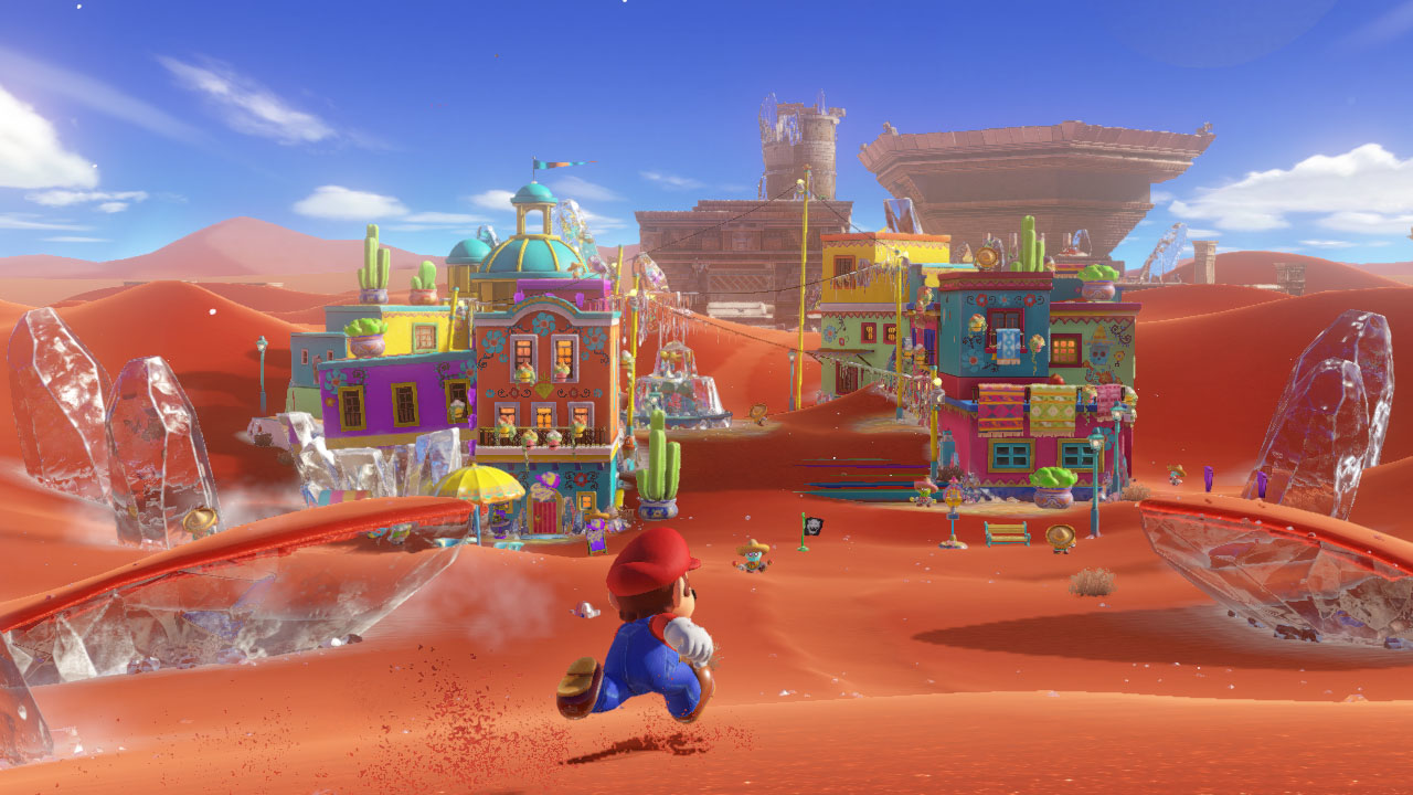 Mario che corre in un paesaggio desertico con edifici colorati e un cielo nuvoloso.