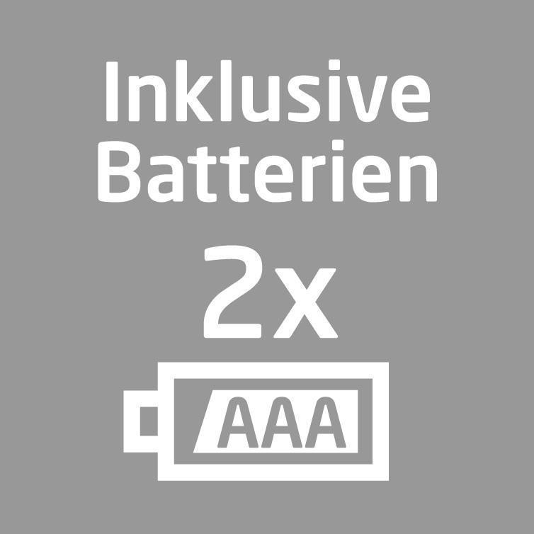 Ein grauer Hintergrund mit den weißen Worten 'Inklusive Batterien 2x AAA', mit einem Batteriesymbol.