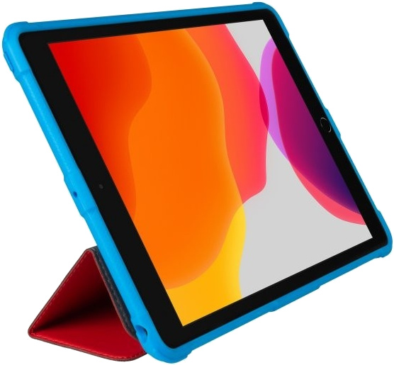 An iPad in a protective case, propped up with a red cover. The screen shows a colorful image.