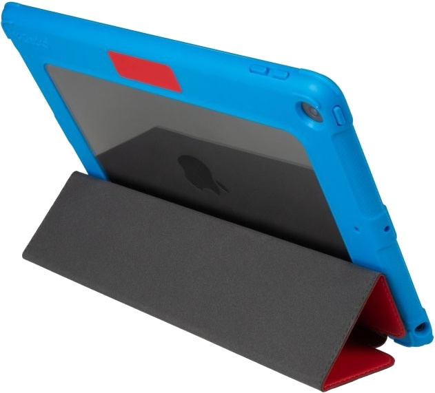 Tablet in a blue case with a red accent, propped up by a gray and red cover.