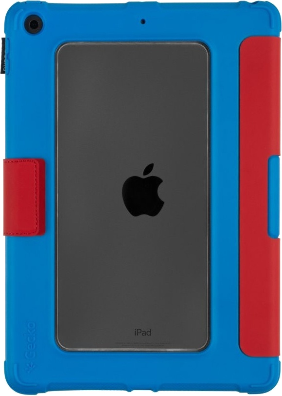 An iPad in a blue and red protective case, showing the Apple logo on the back.