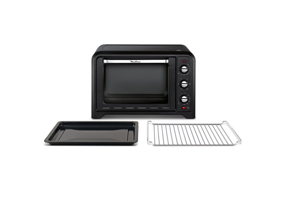 Un horno Moulinex negro con una bandeja y una rejilla sobre una superficie blanca.