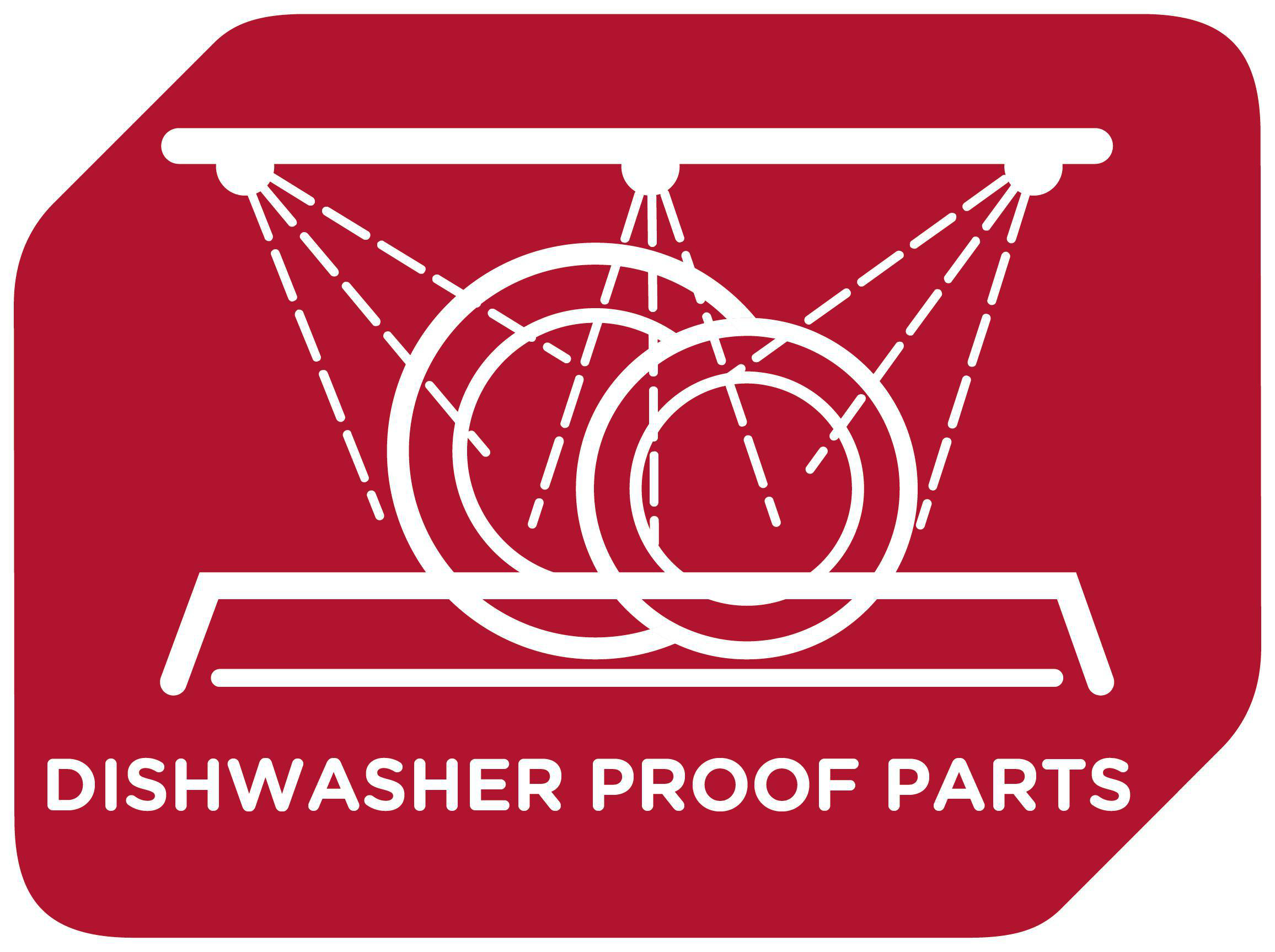 Rotes Quadrat mit den Worten 'Dishwasher Proof Parts' und einem Geschirrspüler-Symbol.