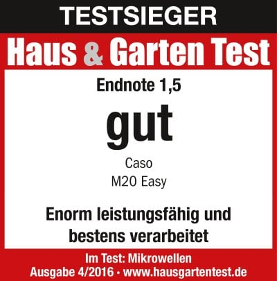 Rotes und weißes 'Haus & Garten Test' Label mit Text.
