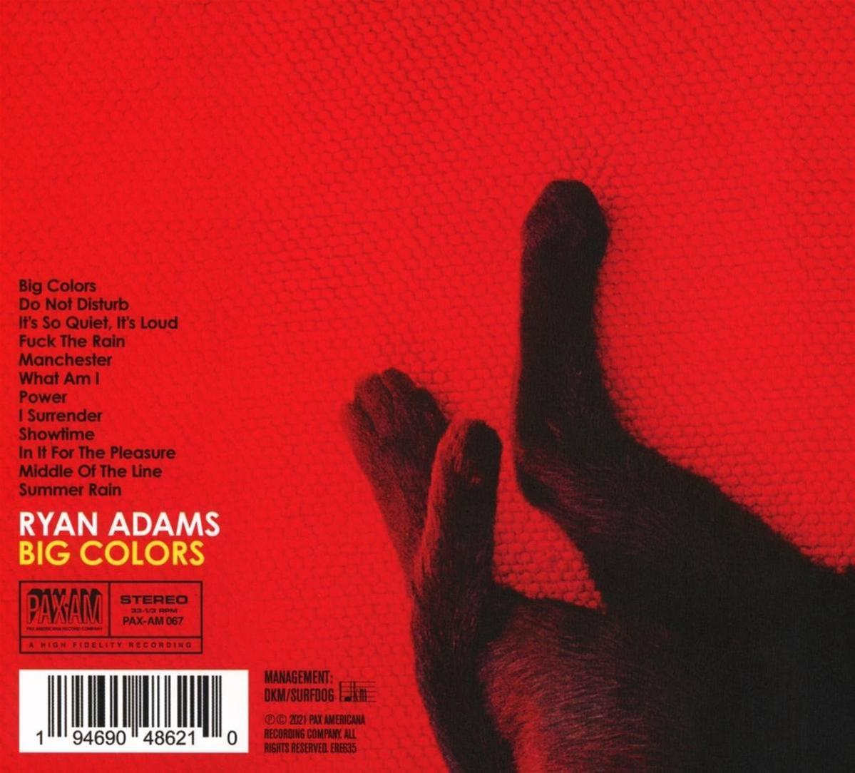 Albumcover, roter Hintergrund. Silhouettenhände, weißer Text: Ryan Adams Big Colors.