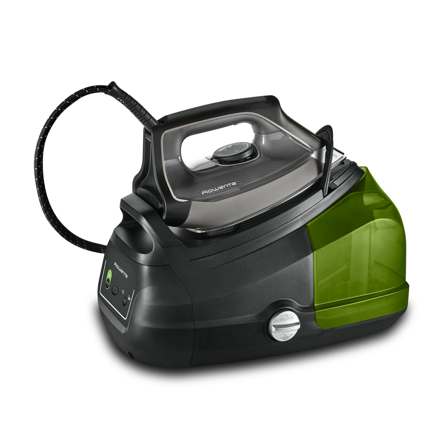 Ferro da stiro nero e verde con manico curvo, su base nera. Sfondo bianco.