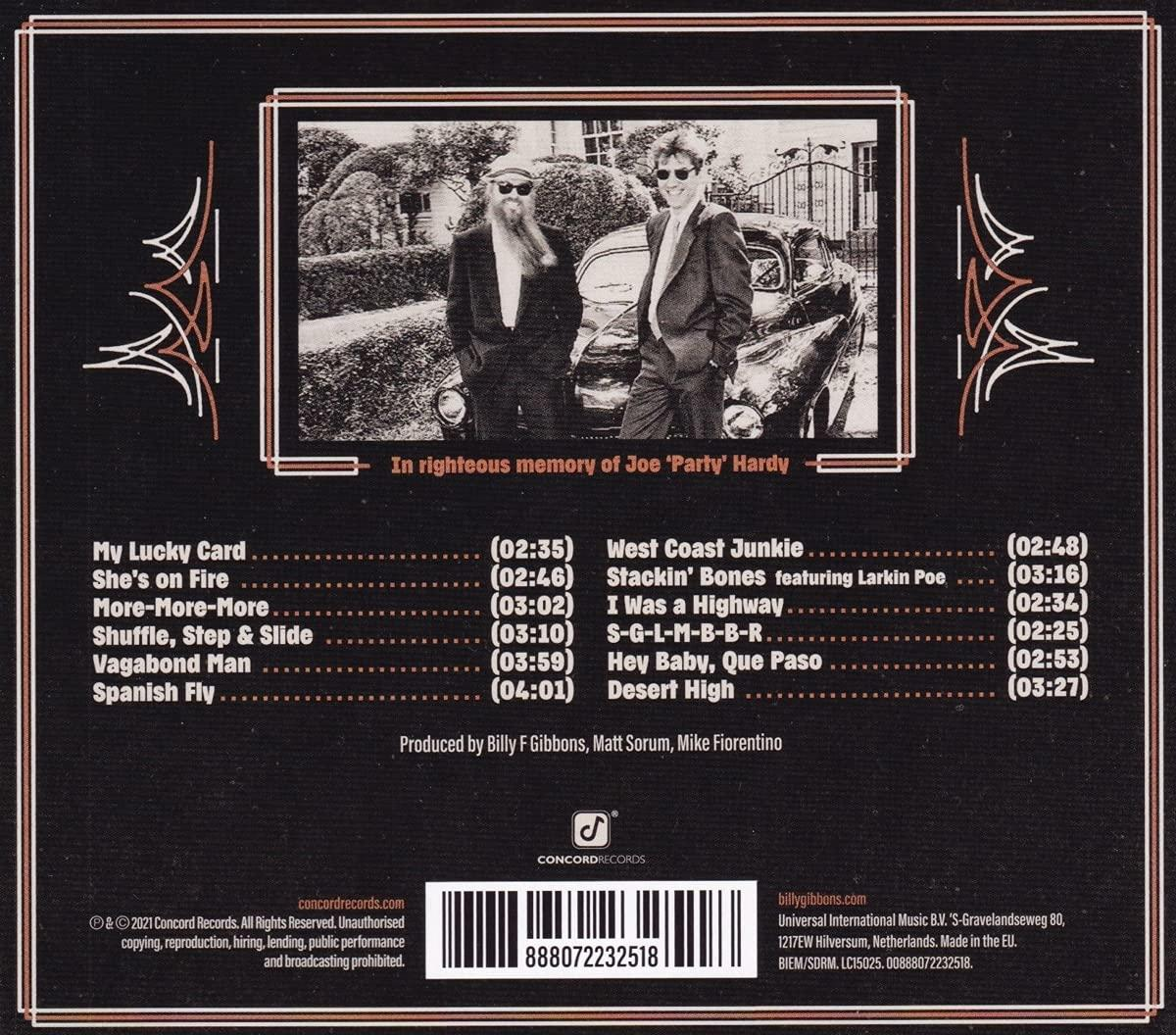 Albumcover mit zwei Männern in Anzügen, Text und einem Oldtimer.