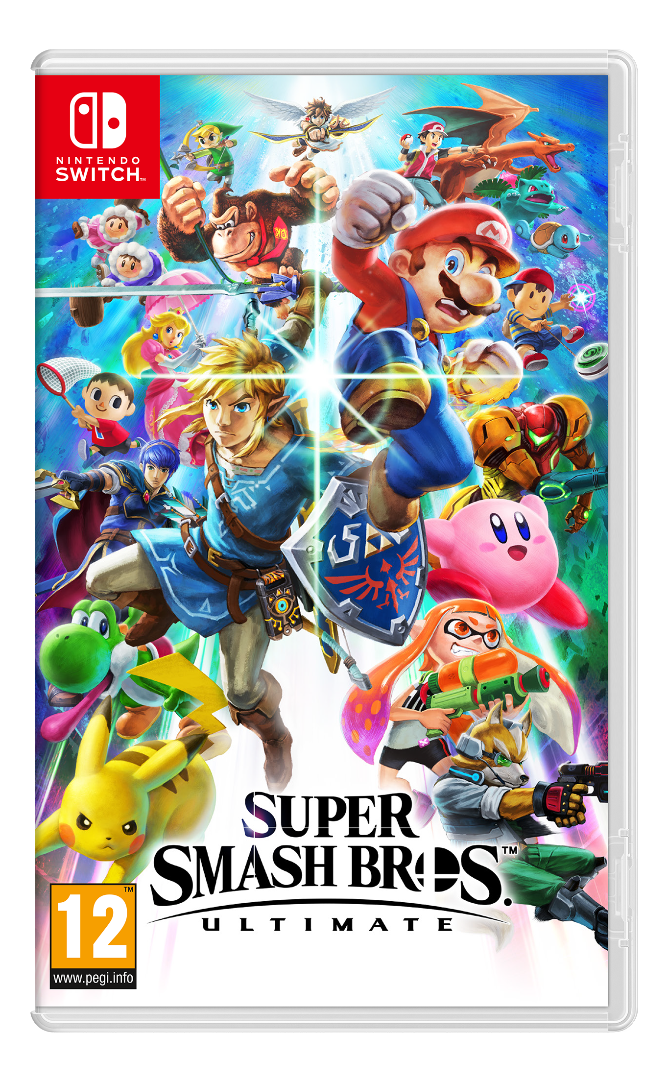 Spielcover: Super Smash Bros. Ultimate, mit verschiedenen Nintendo-Charakteren.