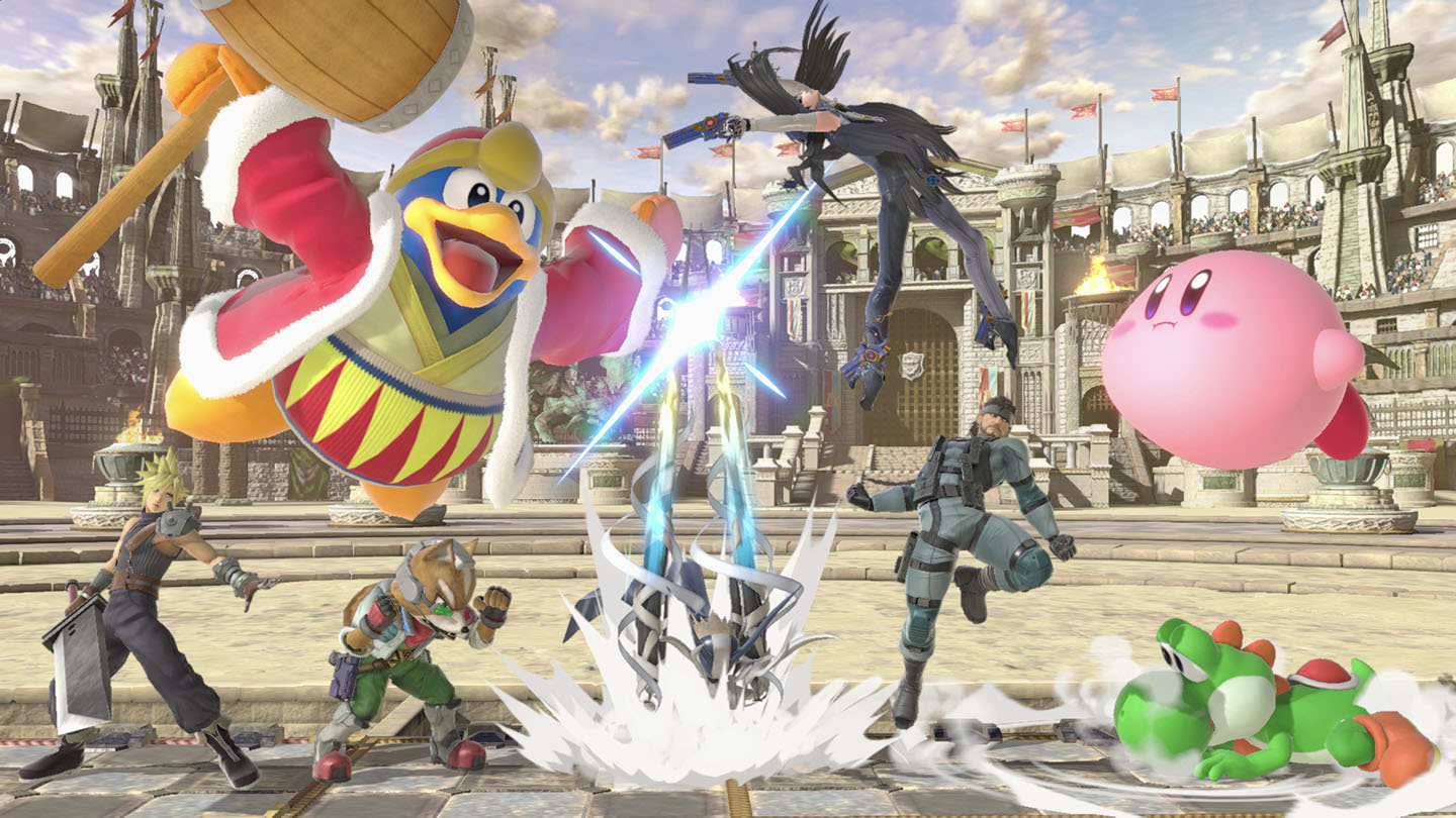 Super Smash Bros. Ultimate Charaktere kämpfen. Verschiedene Figuren, dynamische Action. Kampfszene.